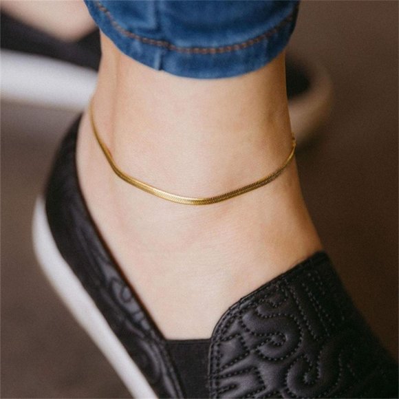 Gold Plated Flat Herringbone Ankle Bracelet Anklet - Picture 5 of 8